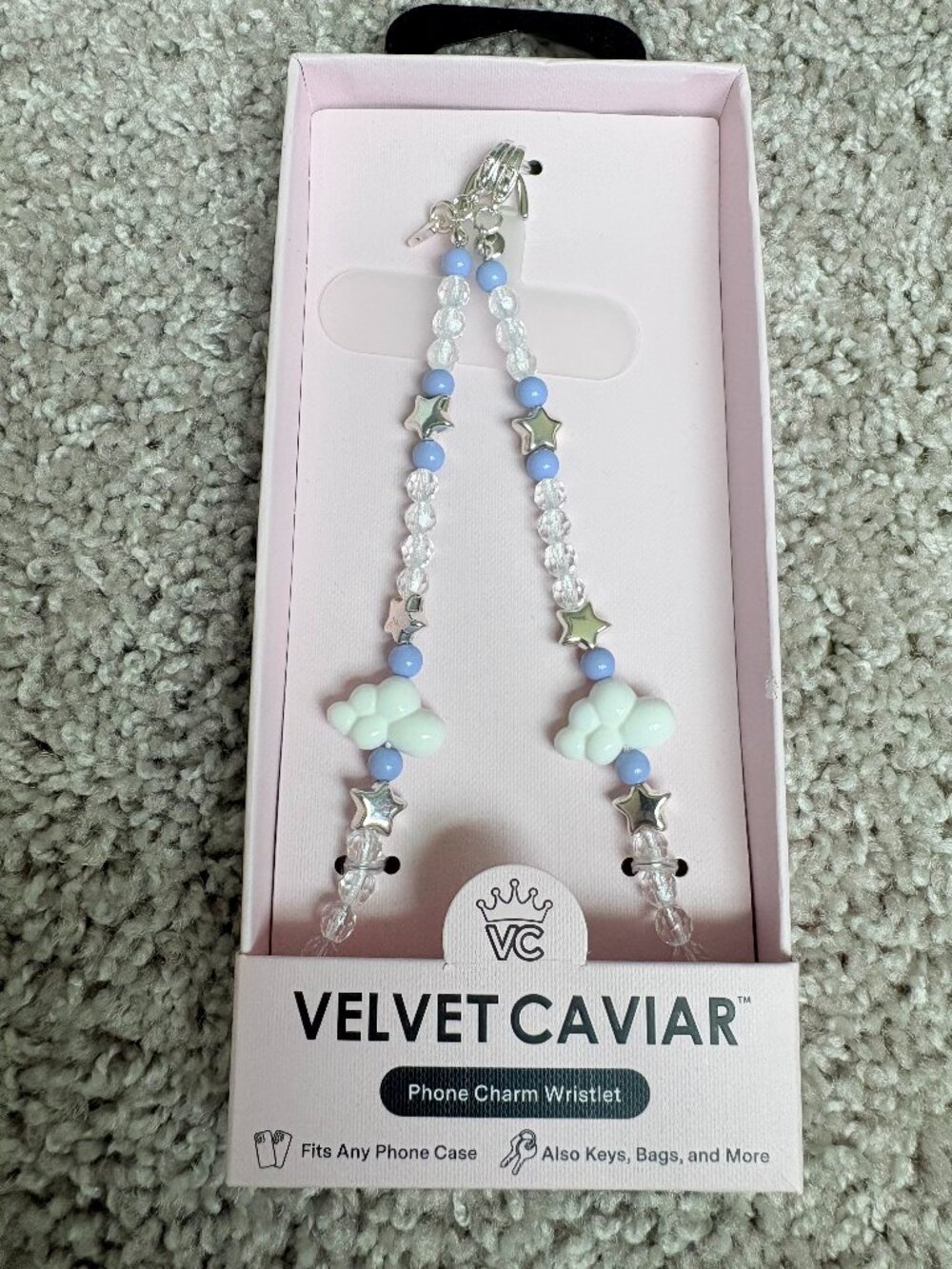 Velvet Caviar Blue Beaded Phone Charm Wristlet Stars Clouds New With Tags